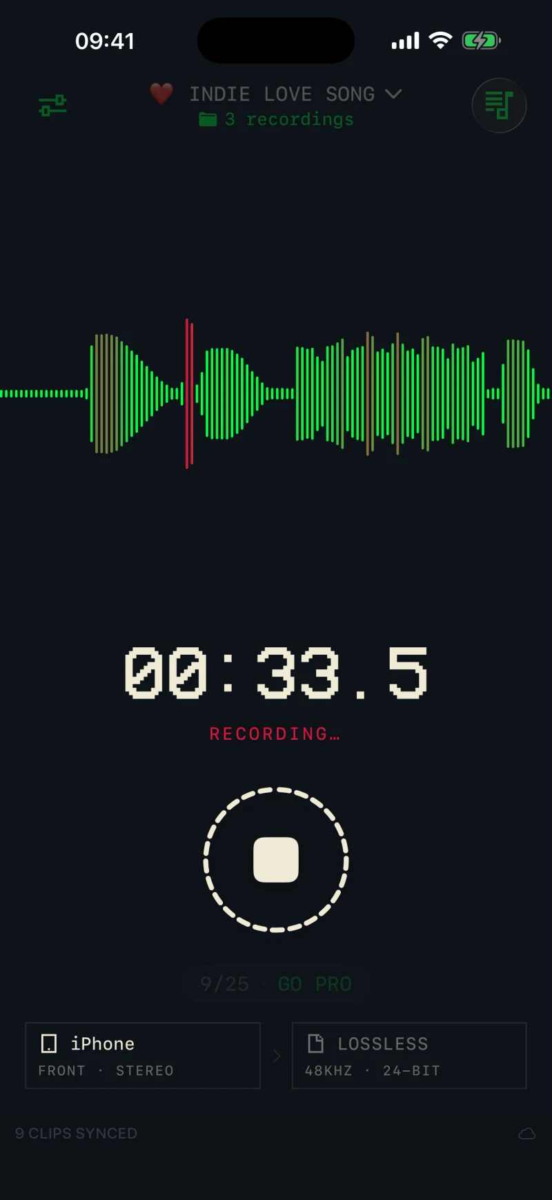Drop recorder with live waveform, input selection and recording format